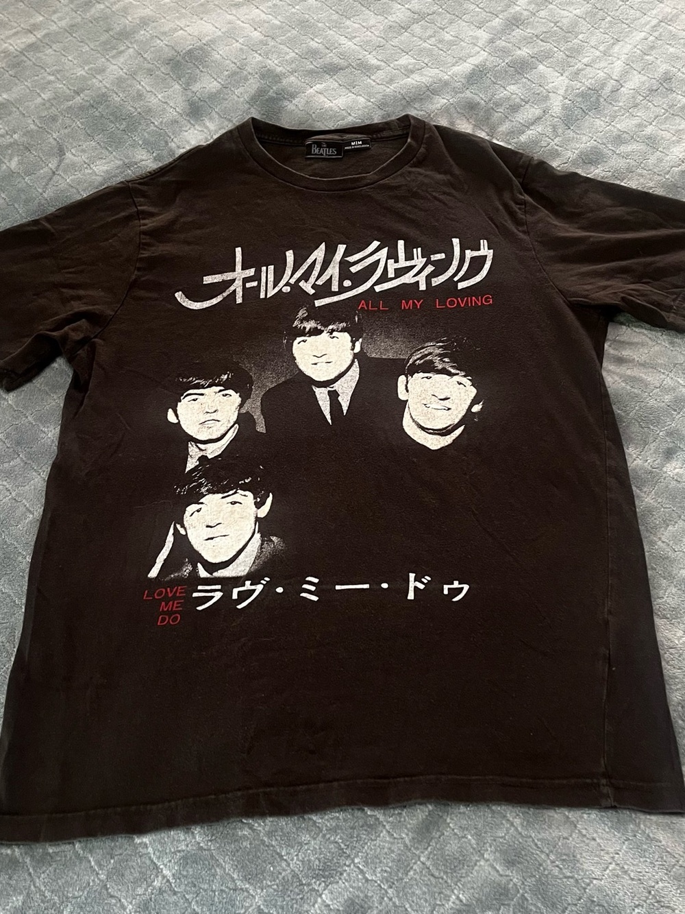 The Beatles Black Short Sleeve Tee with White Portraits Japanese Red Text